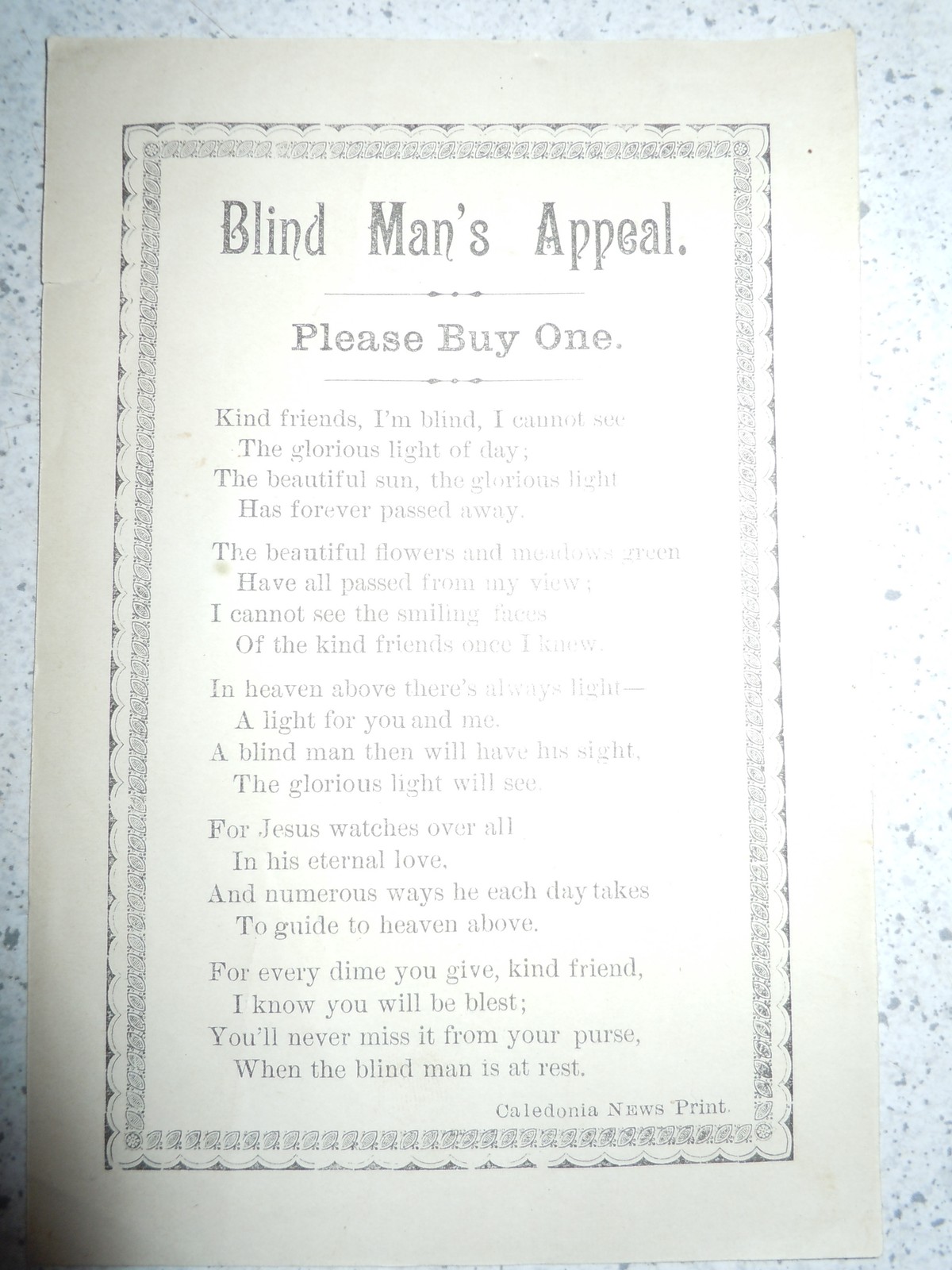 Vintage Blind Man’s Appeal  Please Buy One Paper With Poem 1950s - $2.99
