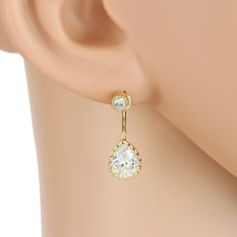 Gold Tone Drop Earrings With Dazzling Faux Pear Shape White Sapphire - $26.99