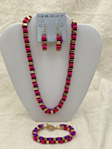 Geometric Woven Ribbon Statement Necklace Bracelet Earrings Goldtone Pink Purple - £37.53 GBP