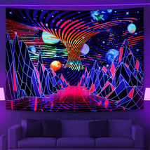 Blacklight UV Reactive Trippy Mountain Planet Psychedelic Neon Tapestry 80"x60" - $31.34