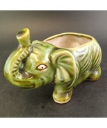 Vintage Cute Green Elephant Ceramic Planter Mid-Century Trunk Up 4&quot; Tall - $16.00