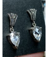 Vintage Sterling Silver Marcasite Faceted Crystal Rock Dangle Earrings  - $55.00