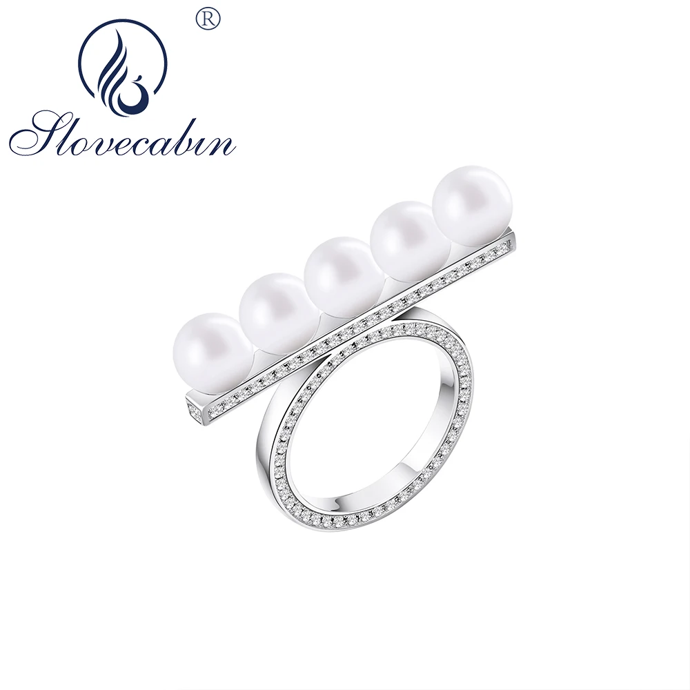 Slovecabin 925 Sterling Silver Balance Bar Faux Pearl Finger Ring With Clear CZ  - £28.39 GBP