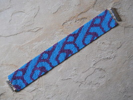 Bracelet: Turquoise &amp; Purple Geometric Motif, Peyote Stitch, Tube Clasp - $39.00