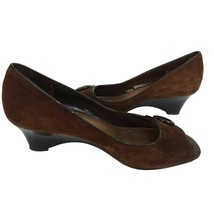 Vintage Franco Sarto Heels Brown Fine Leather Suede Open Toe Wedge Button 8.5 M - £20.04 GBP