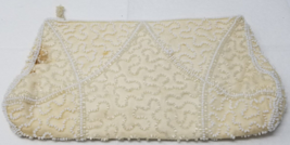Wavy Beaded Clutch with Brass Zipper Cream Color Drawn Mid Century - £11.91 GBP