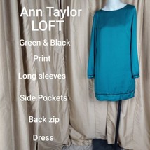 Ann Taylor LOFT Green &amp; Black Print Side Pockets Dress Size 2 - $16.00