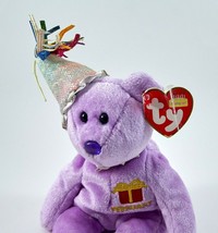 Ty Beanie Babies February Happy Birthday Bear With Tags Party Hat 9.5&quot; 2002 - $6.99