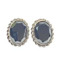 Hematite Glass Sterling Clip On Earrings Vintage Faceted Shiney Reflective  - £19.85 GBP