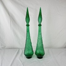 Pair Of Vtg MCM 22.5” Empoli Green Floral Glass Genie Bottles W/ Hobnail Stopper - £276.62 GBP