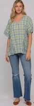 New Gigio by Umgee S M L Green Blue Plaid Floral Mix Oversized Fit V Neck Top - £20.36 GBP