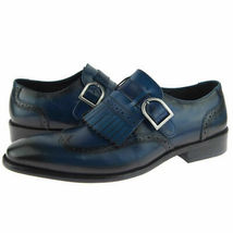 Single Buckle Strap Wing Tip Genuine Leather Blue Color Monk Made To Order Shoes - $149.99+