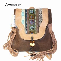 Ethnic Embroidery PU Flap Backpack for Women Fringe Beading Vintage Schoolbags W - £47.78 GBP