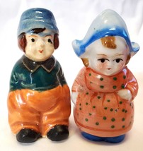 Dutch Boy Girl Salt Pepper Vtg Blue Muted Orange Ceramic Japan FREE SHIP - £11.03 GBP