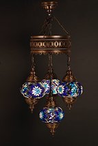 (Height: 27.6 in) Mosaic Chandelier Set 3 Globes, Handmade Authentic Tiffany Lig - £87.26 GBP