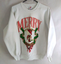 Vintage Jerzees Women&#39;s White Sweatshirt Merry Christmas Teddy Bear Desi... - £10.84 GBP