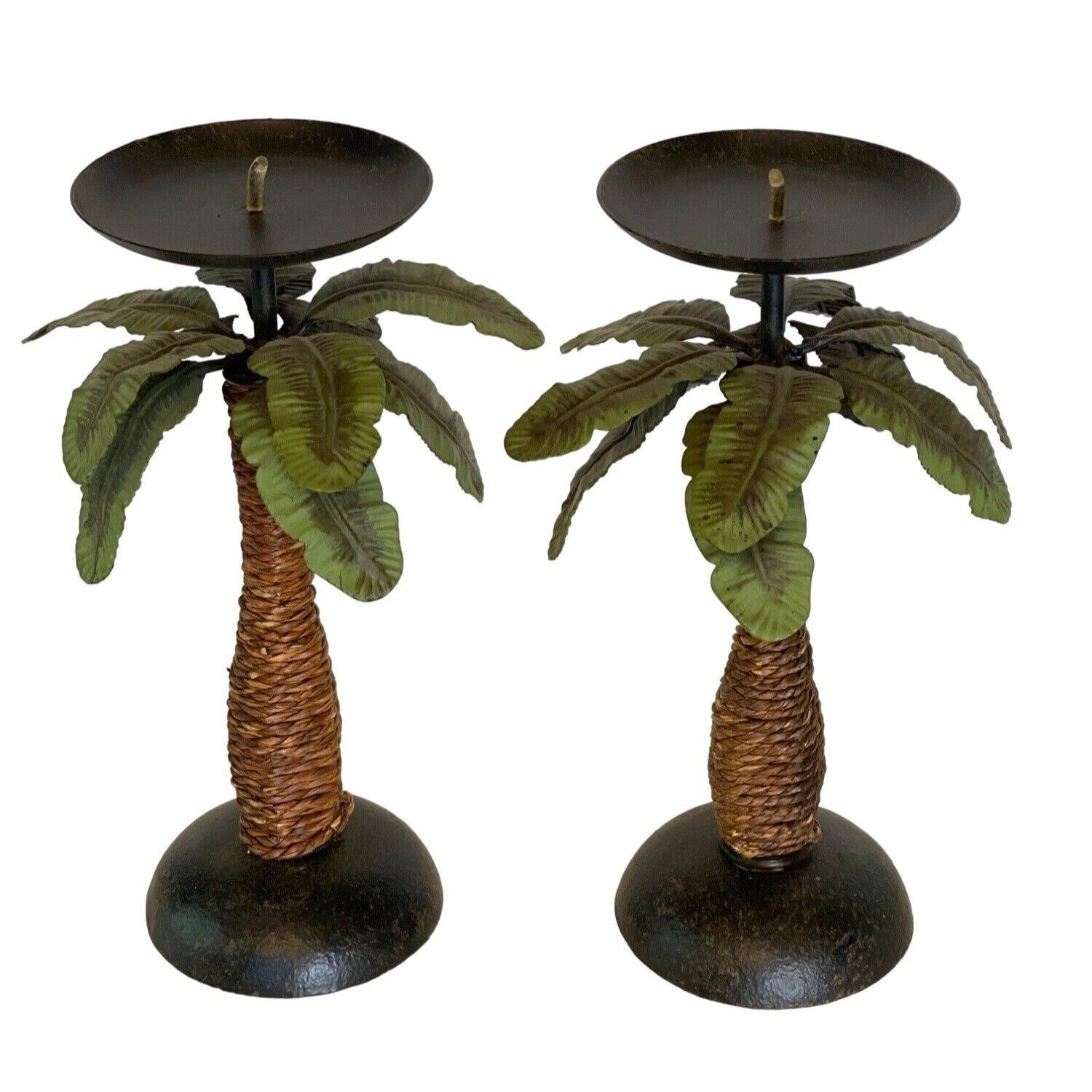Palm Tree Pillar Candle Holder Stands Metal 10" x 6" Tropical Decor Set of 2 - $37.40