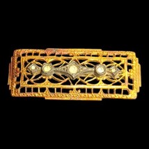 Vintage Gold Tone Rectangle Pin With Clear Stones Brooch Pin Closure 50mmx20mm - £14.69 GBP