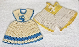2 Vintage Hand Crocheted Dress &amp; Underwear Potholder Set Blue Yellow Cream - $10.40