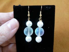 EE390-1) white Moonstone + Pearl gemstone beaded dangle gold tone hook earrings - £11.19 GBP