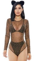 Leopard Print Bodysuit Long Sleeves Zipper Closure Sheer Mesh Layering 118701 - £28.76 GBP