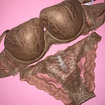 Victoria&#39;s Secret 38D,38DDD Bra Set L Panty Gold Brown Carmel Kiss Lace Foiled - £70.95 GBP