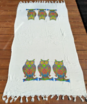 T&amp;T Deco Rectangular Table Cloth Cotton Fringe Hem Owl Design VTG Turkis... - $110.50