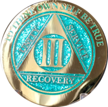 3 Year AA Medallion Elegant Glitter Aqua Gold Plated Sobriety Chip Coin III - £15.79 GBP