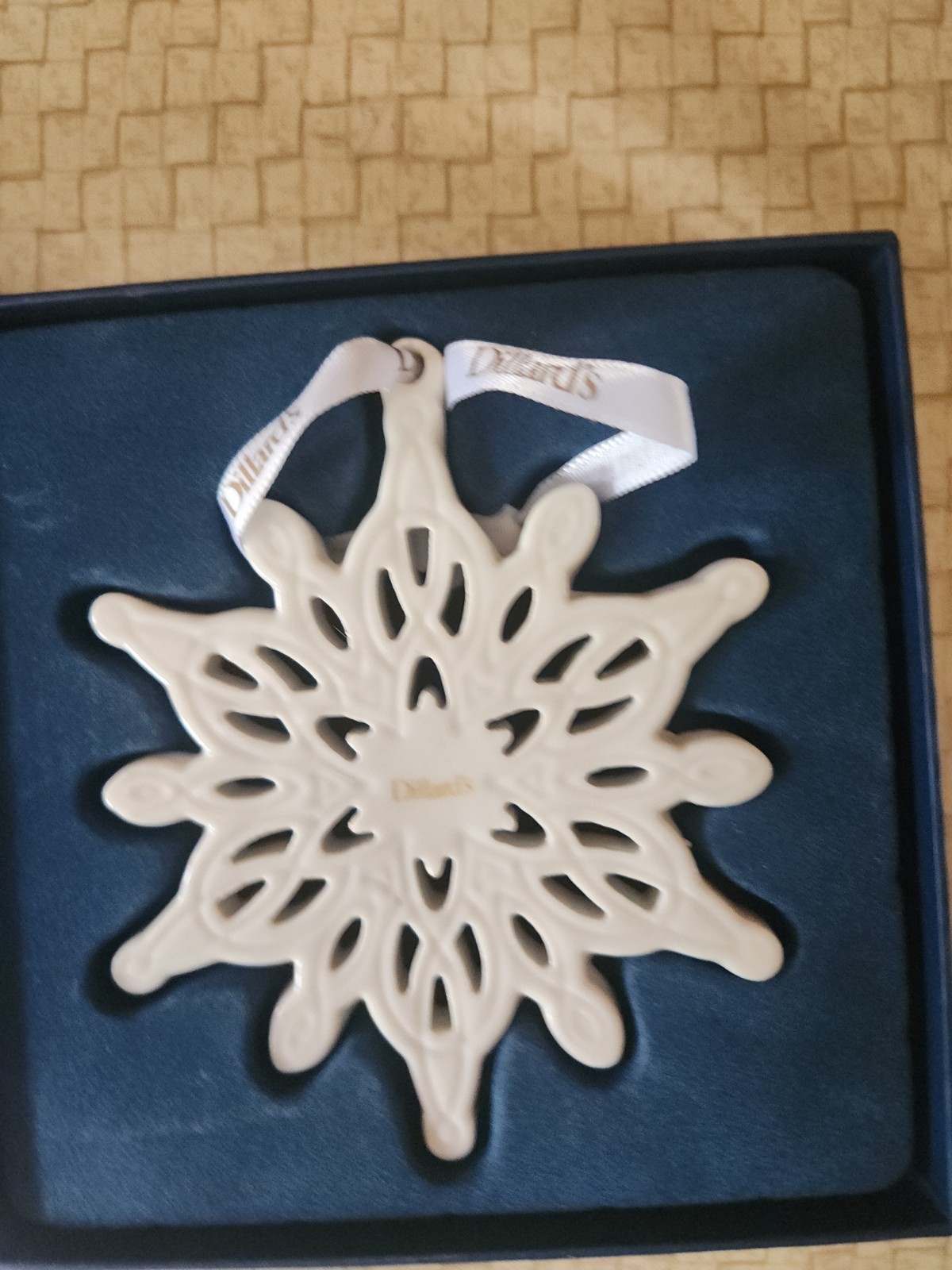 Dillard's Annual Snowflake Ornament White Ceramic with Hold, original box Item image 2