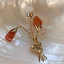 Vintage Large Goldtone Flower Bud Bouquet with Orange Agate &amp; White Stone Nugget - £9.72 GBP