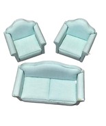 Miniature Dollhouse 1:12 Sofa &amp; Armchairs Set Aqua Blue Fabric Wooden Pe... - $15.72 CAD