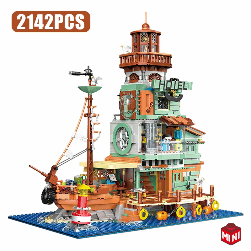 Creative Harbour Hotel Old Fishing House Ship Model Building Blocks Street View - £65.87 GBP+