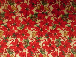 Hancock Poinsettias Fabric 1 yd Remnant  Bold Flowers with Pine Cones &amp; Bells - £6.28 GBP