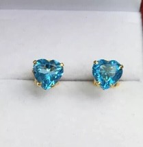 2Ct Heart Shape Lab-Created Blue Topaz Stud Earrings 14K Yellow Gold Plated - £60.44 GBP