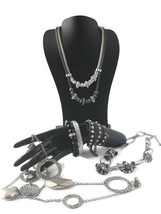 6 Pc Silver &amp; Black Necklace Bracelet Coordinating Set Rhinestone Leather Punk - £17.46 GBP