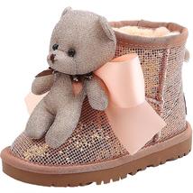 Kids Snow Boots Sequin Warm Fur Lined Anti Slip Ankle Boots With Bear Doll - £42.53 GBP