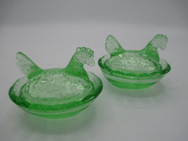 Hen on Nest Salt Dish Pair Retro Depression Style Green Translucent Apple Glass - £10.11 GBP