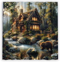 Lake House Stream Bear Cabin Lodge Fabric Shower Curtain, Modern Rustic,70&quot;x70&quot; - £19.02 GBP