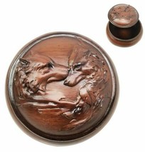 Faux Wood Resin Moon Lovers Wolf Couple Rounded Jewelry Trinket Box Figurine - £13.58 GBP