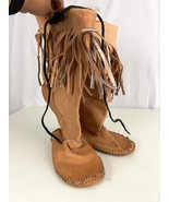 Handmade Brown Leather Moccasin Boots Fringe Fits like 6.5- 7 Hand Stitc... - £39.66 GBP