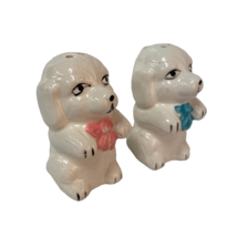 White Puppy Ceramic Salt And Pepper Shakers With Blue And Pink Bow Vintage - $9.57