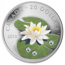 1 Oz Silver Coin 2010 Canada $20 Flowers Water Lily with Swarovski Crystals - £92.92 GBP