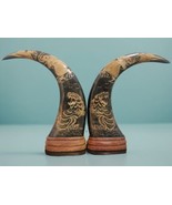 Vintage Pair Chinese Hand Carved Water Buf** Horn Dragon and Tiger Desig... - $190.89 CAD