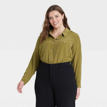 NWT Ava &amp; Viv Women&#39;s Plus Size Long Sleeve Pockets Dress Shirt, Olive - $14.99