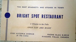 Vintage Bright Spot Restaurant Niagara Falls Canada Business Card 1950s - $2.99