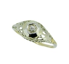 Art Deco 14k White Gold Genuine Natural Diamond Filigree Ring .05ct (#J3294) - £320.50 GBP