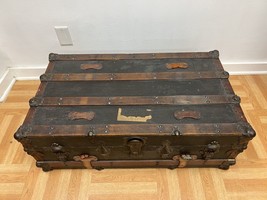 Vintage WOOD STEAMER TRUNK w Tray chest coffee table storage box antique... - $149.99