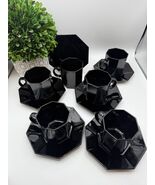 Vintage Arcoroc France Black Octime Glass Cup &amp; Saucer Set of 6 Octagona... - $48.45