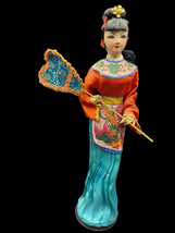 Asian Woman Fashion Doll Japan 15&quot; Blue Floral Figurine Decor Fan - £34.78 GBP