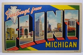 Greetings From Flint Michigan Large Letter City Postcard Linen Curt Teich 1940 - £6.47 GBP